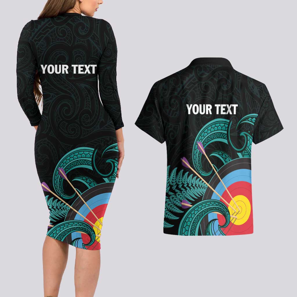Personalised New Zealand Archery Couples Matching Long Sleeve Bodycon Dress and Hawaiian Shirt Turquoise Maori Silver Fern LT01 - Polynesian Pride