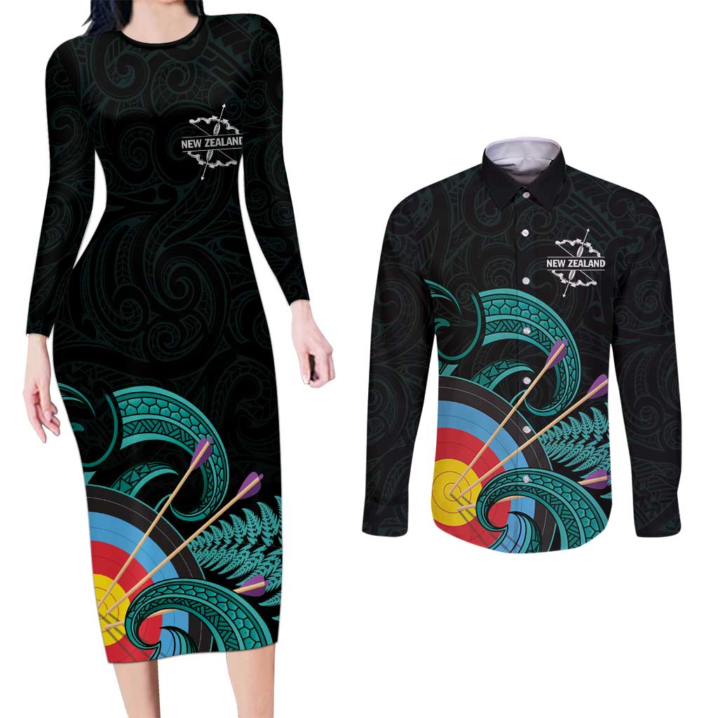 Personalised New Zealand Archery Couples Matching Long Sleeve Bodycon Dress and Long Sleeve Button Shirt Turquoise Maori Silver Fern LT01 Turquoise - Polynesian Pride