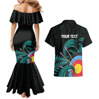 Personalised New Zealand Archery Couples Matching Mermaid Dress and Hawaiian Shirt Turquoise Maori Silver Fern LT01 - Polynesian Pride