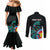 Personalised New Zealand Archery Couples Matching Mermaid Dress and Long Sleeve Button Shirt Turquoise Maori Silver Fern
