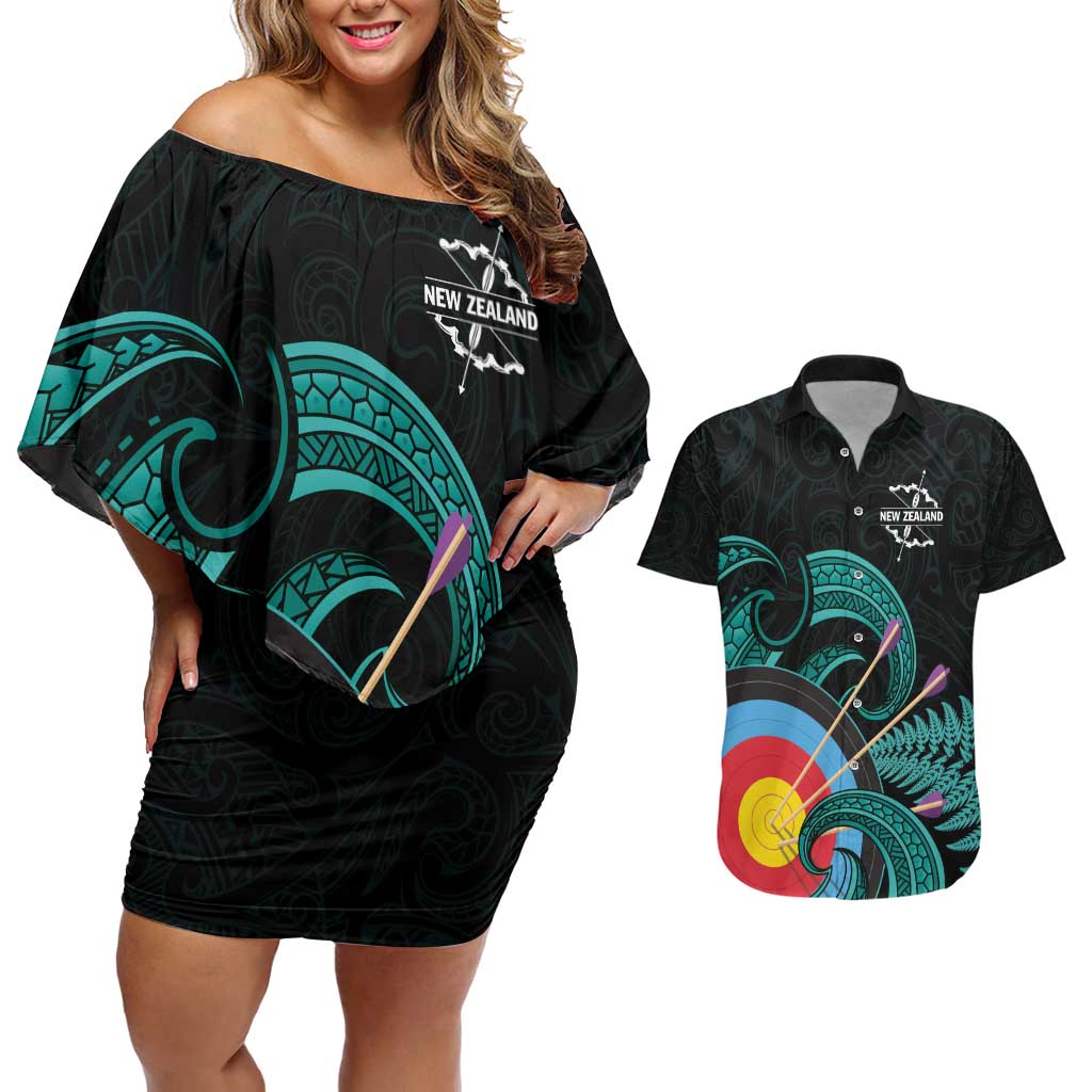 Personalised New Zealand Archery Couples Matching Off Shoulder Short Dress and Hawaiian Shirt Turquoise Maori Silver Fern LT01 Turquoise - Polynesian Pride