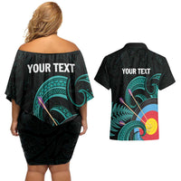 Personalised New Zealand Archery Couples Matching Off Shoulder Short Dress and Hawaiian Shirt Turquoise Maori Silver Fern LT01 - Polynesian Pride