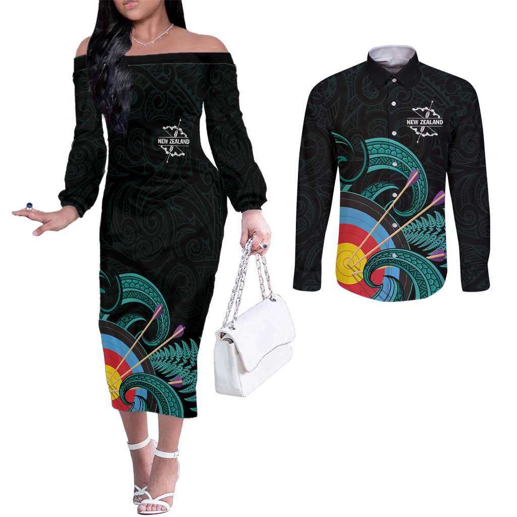 Personalised New Zealand Archery Couples Matching Off The Shoulder Long Sleeve Dress and Long Sleeve Button Shirt Turquoise Maori Silver Fern