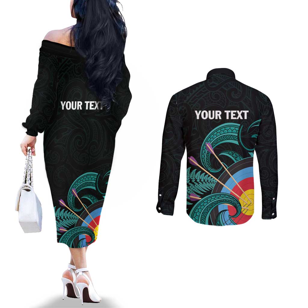 Personalised New Zealand Archery Couples Matching Off The Shoulder Long Sleeve Dress and Long Sleeve Button Shirt Turquoise Maori Silver Fern LT01 - Polynesian Pride