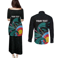 Personalised New Zealand Archery Couples Matching Puletasi and Long Sleeve Button Shirt Turquoise Maori Silver Fern
