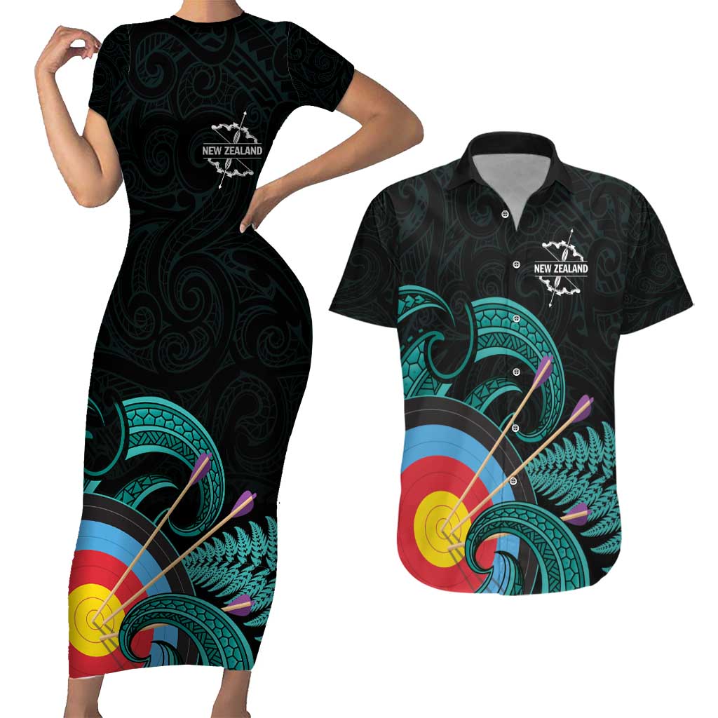 Personalised New Zealand Archery Couples Matching Short Sleeve Bodycon Dress and Hawaiian Shirt Turquoise Maori Silver Fern LT01 Turquoise - Polynesian Pride