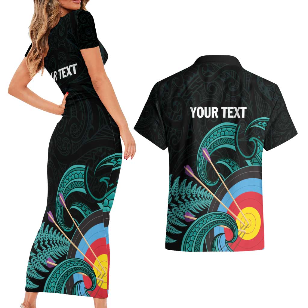 Personalised New Zealand Archery Couples Matching Short Sleeve Bodycon Dress and Hawaiian Shirt Turquoise Maori Silver Fern LT01 - Polynesian Pride