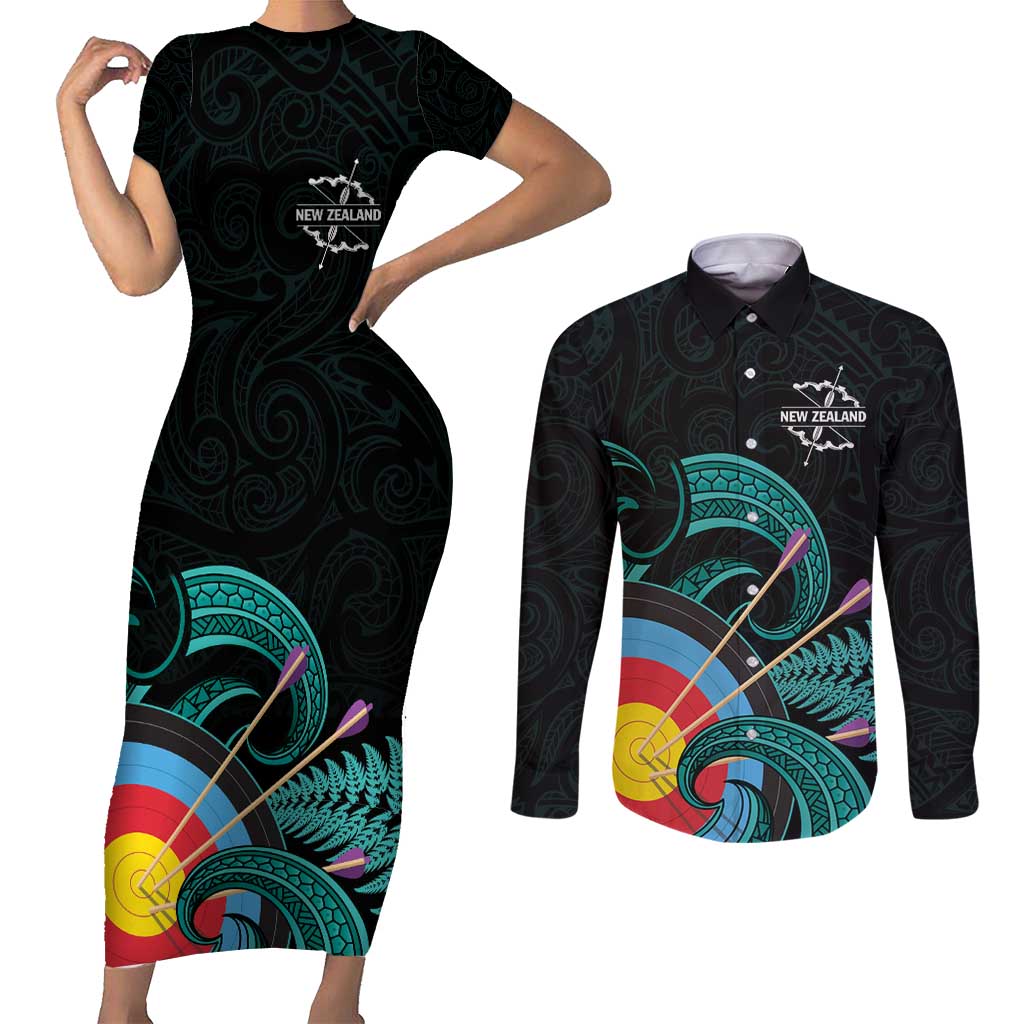 Personalised New Zealand Archery Couples Matching Short Sleeve Bodycon Dress and Long Sleeve Button Shirt Turquoise Maori Silver Fern LT01 Turquoise - Polynesian Pride