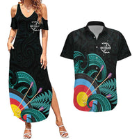 Personalised New Zealand Archery Couples Matching Summer Maxi Dress and Hawaiian Shirt Turquoise Maori Silver Fern LT01 Turquoise - Polynesian Pride