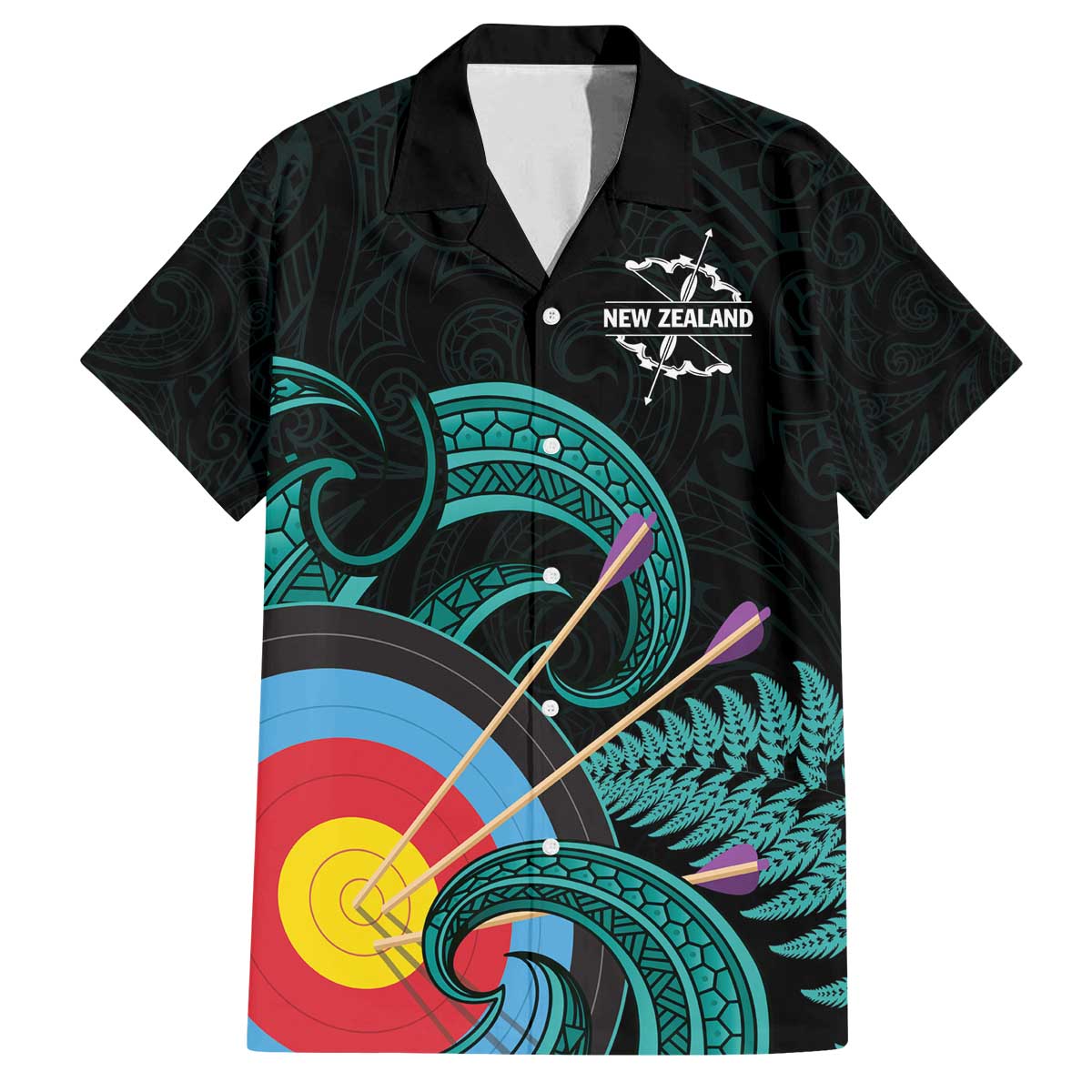 Personalised New Zealand Archery Family Matching Off The Shoulder Long Sleeve Dress and Hawaiian Shirt Turquoise Maori Silver Fern LT01 Dad's Shirt - Short Sleeve Turquoise - Polynesian Pride