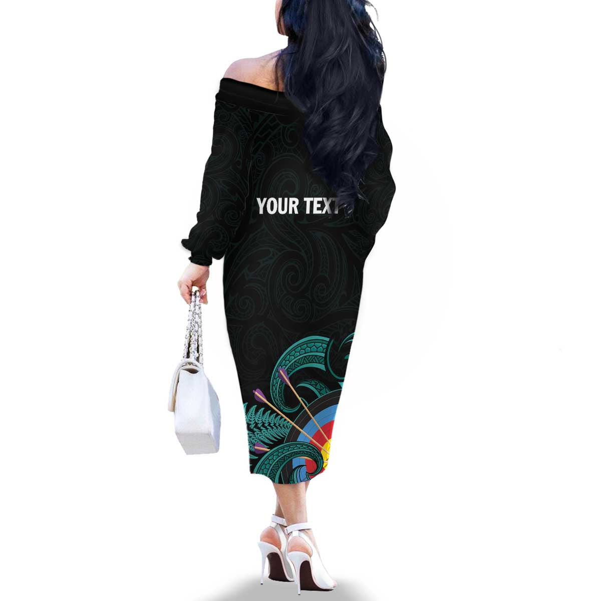 Personalised New Zealand Archery Family Matching Off The Shoulder Long Sleeve Dress and Hawaiian Shirt Turquoise Maori Silver Fern LT01 - Polynesian Pride