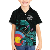 Personalised New Zealand Archery Family Matching Off The Shoulder Long Sleeve Dress and Hawaiian Shirt Turquoise Maori Silver Fern LT01 Son's Shirt Turquoise - Polynesian Pride