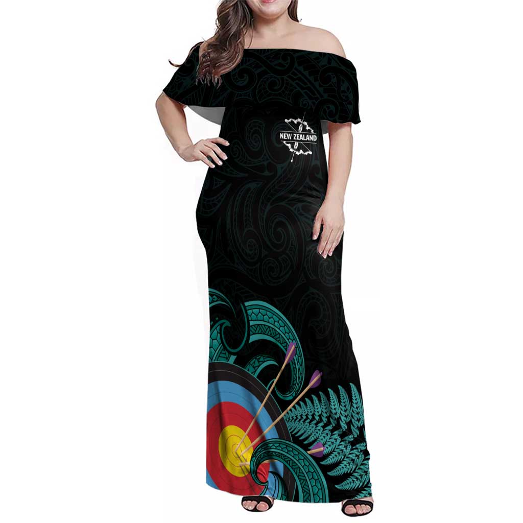 Personalised New Zealand Archery Family Matching Off Shoulder Maxi Dress and Hawaiian Shirt Turquoise Maori Silver Fern