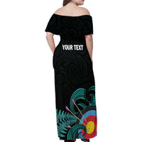 Personalised New Zealand Archery Family Matching Off Shoulder Maxi Dress and Hawaiian Shirt Turquoise Maori Silver Fern
