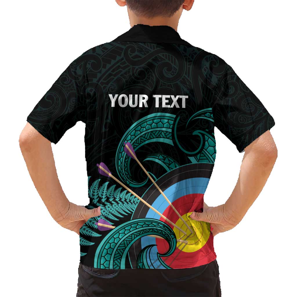 Personalised New Zealand Archery Family Matching Off Shoulder Short Dress and Hawaiian Shirt Turquoise Maori Silver Fern LT01 - Polynesian Pride