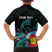 Personalised New Zealand Archery Family Matching Off Shoulder Short Dress and Hawaiian Shirt Turquoise Maori Silver Fern LT01 - Polynesian Pride