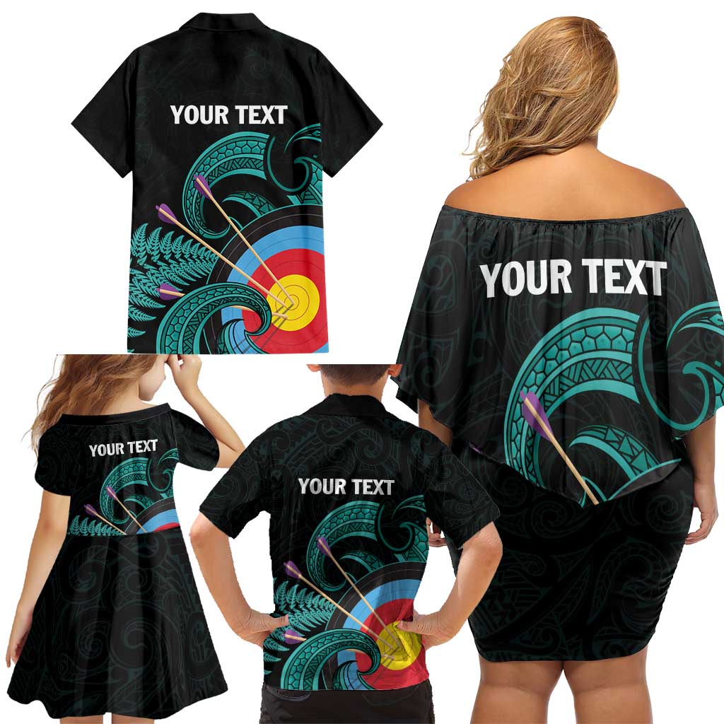 Personalised New Zealand Archery Family Matching Off Shoulder Short Dress and Hawaiian Shirt Turquoise Maori Silver Fern LT01 - Polynesian Pride
