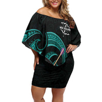 Personalised New Zealand Archery Family Matching Off Shoulder Short Dress and Hawaiian Shirt Turquoise Maori Silver Fern LT01 Mom's Dress Turquoise - Polynesian Pride