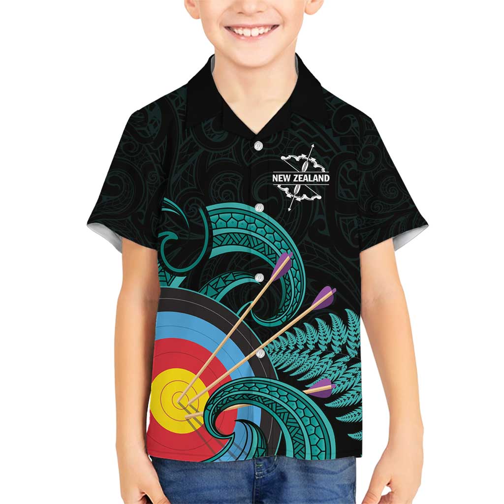 Personalised New Zealand Archery Family Matching Puletasi and Hawaiian Shirt Turquoise Maori Silver Fern LT01 Son's Shirt Turquoise - Polynesian Pride