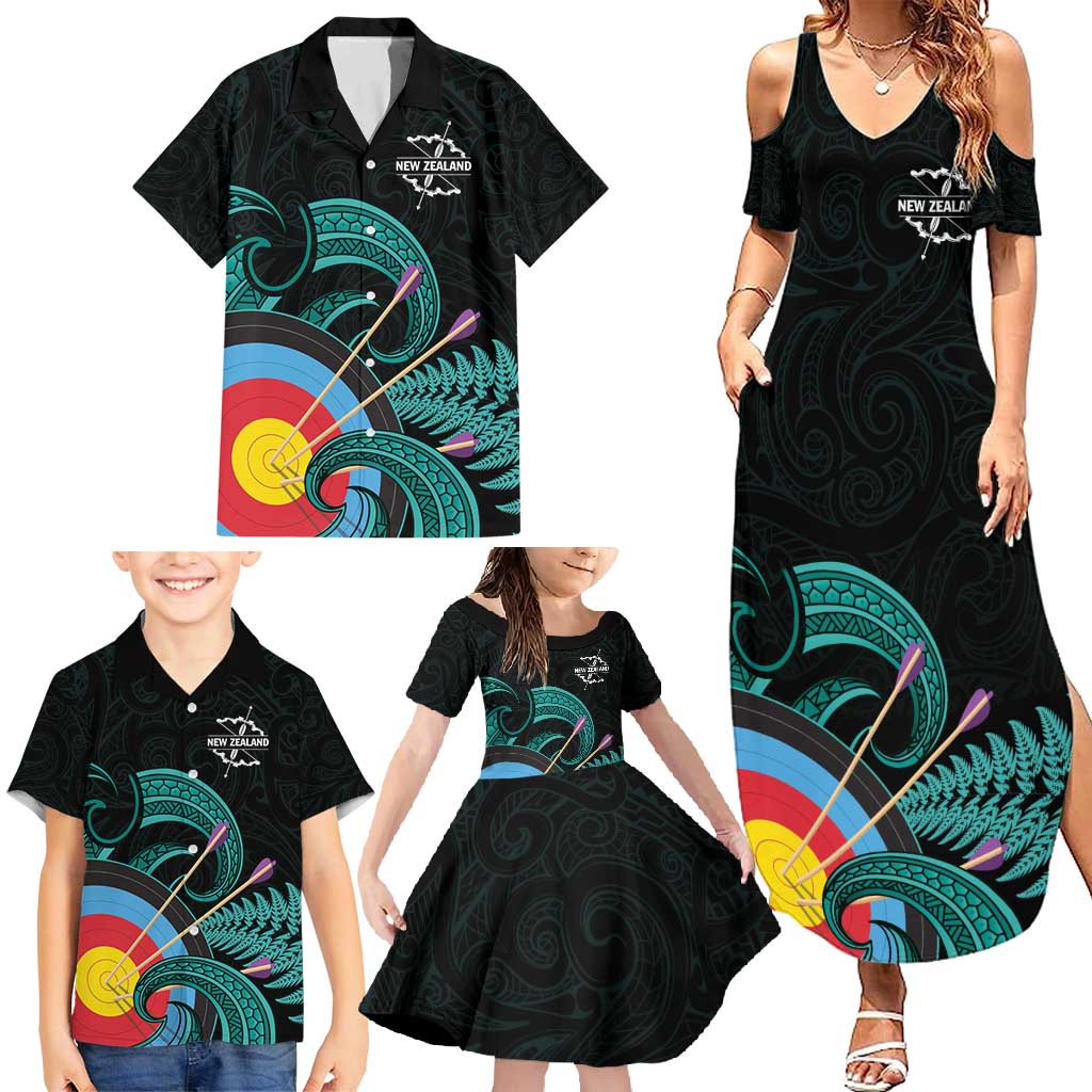 Personalised New Zealand Archery Family Matching Summer Maxi Dress and Hawaiian Shirt Turquoise Maori Silver Fern LT01 - Polynesian Pride