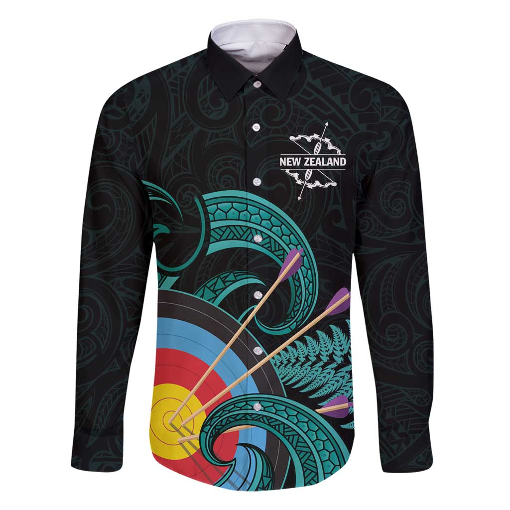 Personalised New Zealand Archery Family Matching Summer Maxi Dress and Hawaiian Shirt Turquoise Maori Silver Fern LT01 Dad's Shirt - Long Sleeve Turquoise - Polynesian Pride