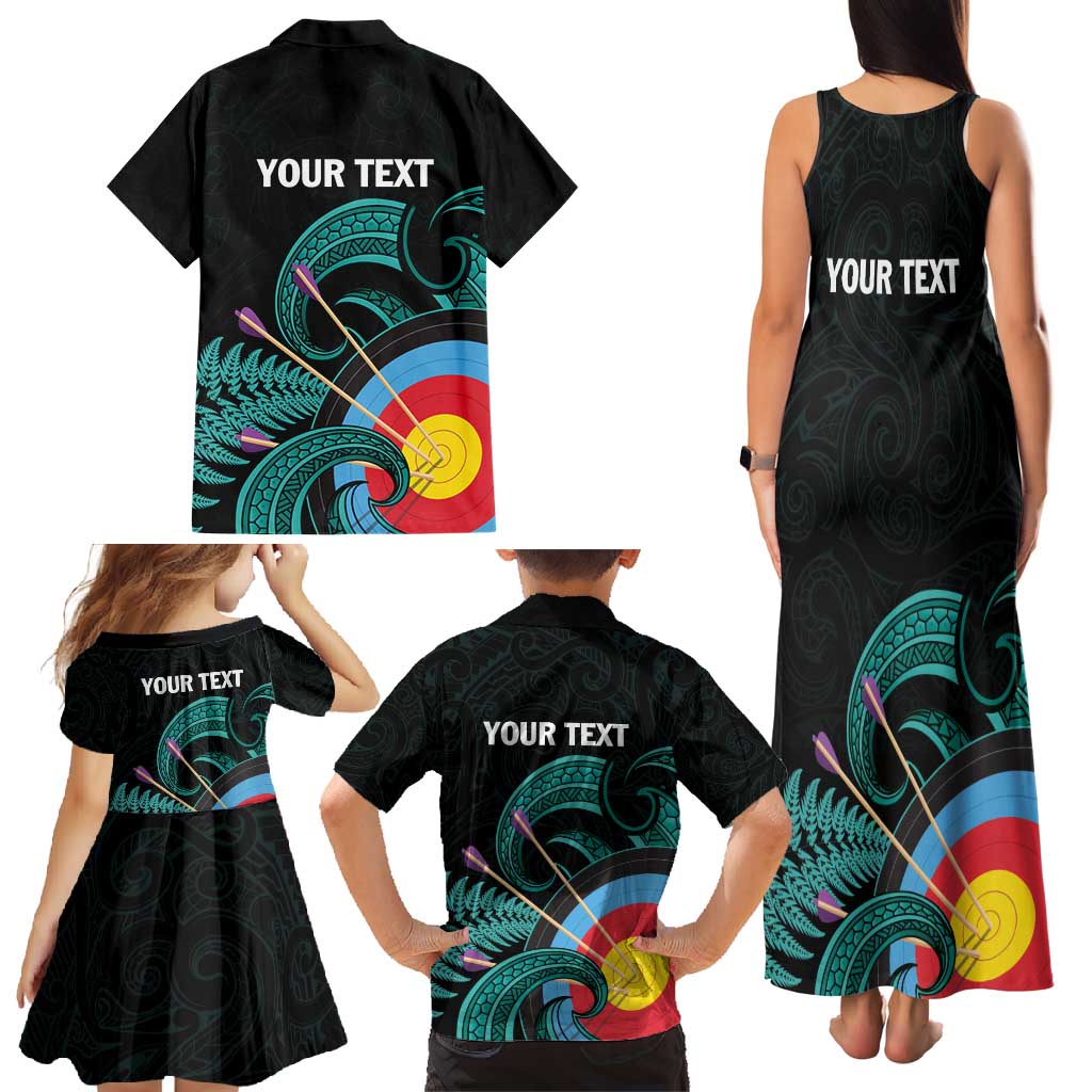 Personalised New Zealand Archery Family Matching Tank Maxi Dress and Hawaiian Shirt Turquoise Maori Silver Fern