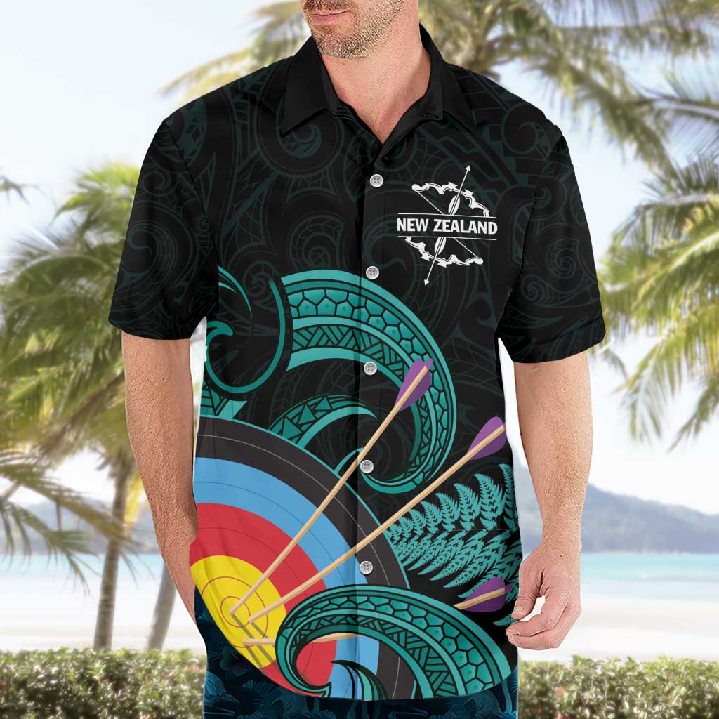 Personalised New Zealand Archery Hawaiian Shirt Turquoise Maori Silver Fern