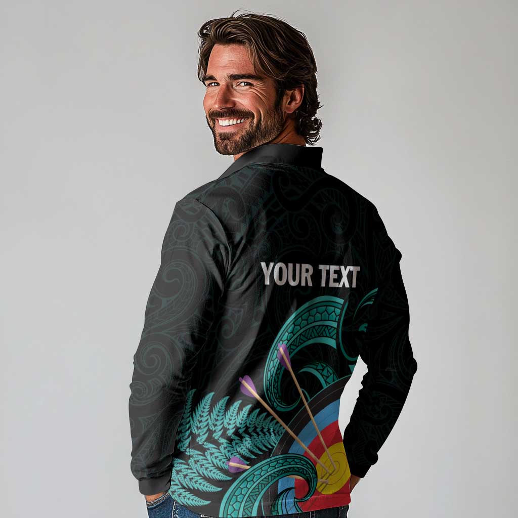 Personalised New Zealand Archery Long Sleeve Polo Shirt Turquoise Maori Silver Fern