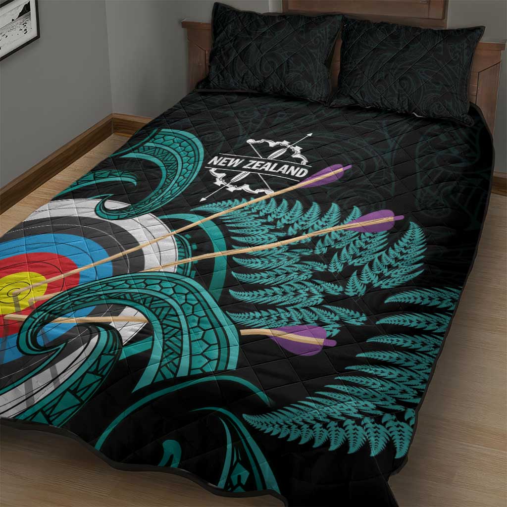 New Zealand Archery Quilt Bed Set Turquoise Maori Silver Fern