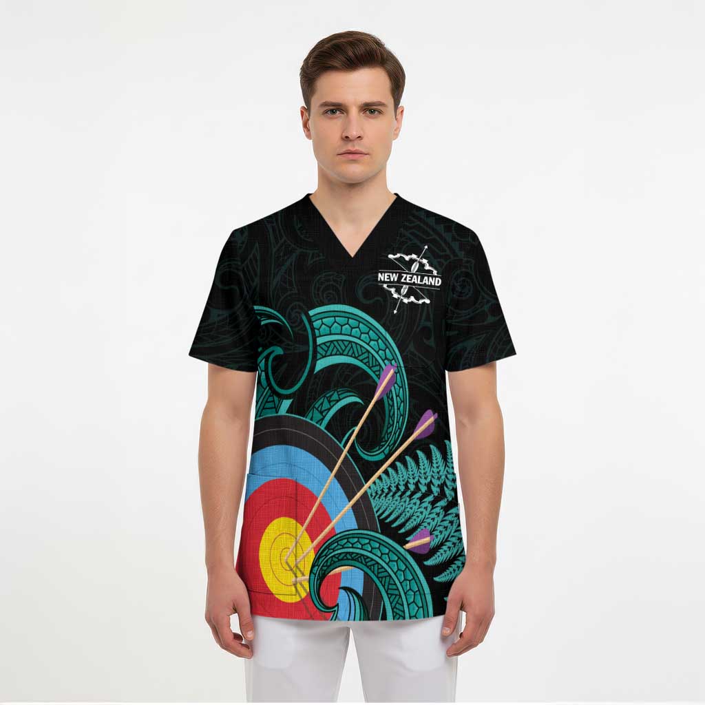 Personalised New Zealand Archery Scrub Top Turquoise Maori Silver Fern - Polynesian Pride