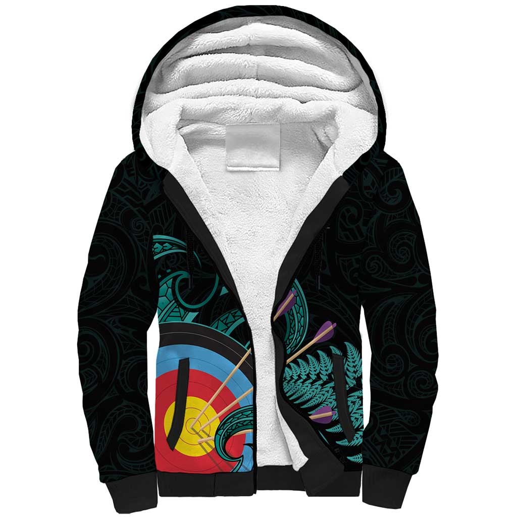 Personalised New Zealand Archery Sherpa Hoodie Turquoise Maori Silver Fern