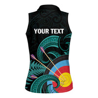 Personalised New Zealand Archery Women Sleeveless Polo Shirt Turquoise Maori Silver Fern