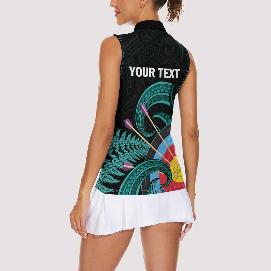 Personalised New Zealand Archery Women Sleeveless Polo Shirt Turquoise Maori Silver Fern