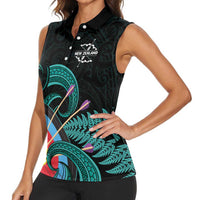 Personalised New Zealand Archery Women Sleeveless Polo Shirt Turquoise Maori Silver Fern