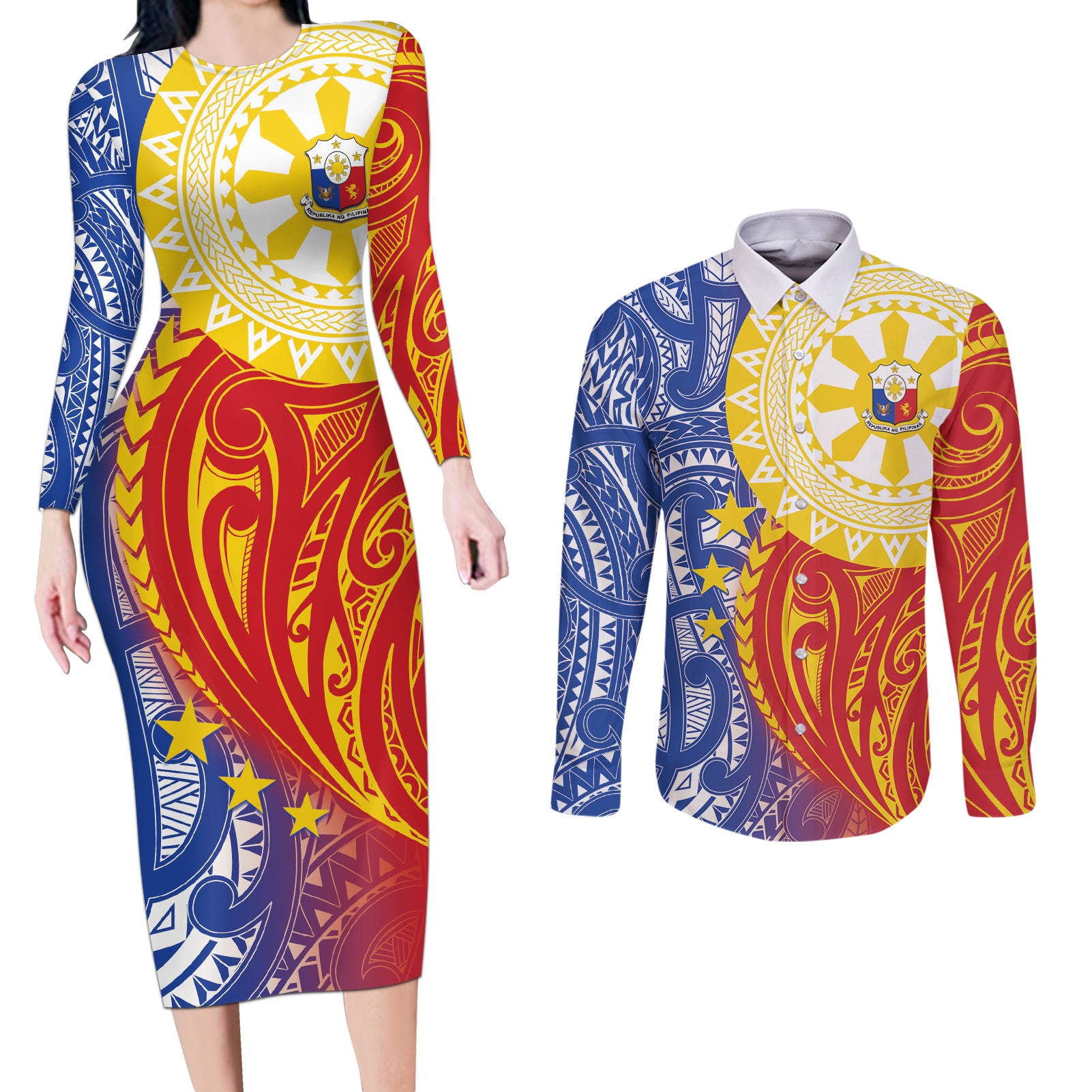 Philippines Couples Matching Long Sleeve Bodycon Dress and Long Sleeve Button Shirt Pilipinas Polynesian Pattern