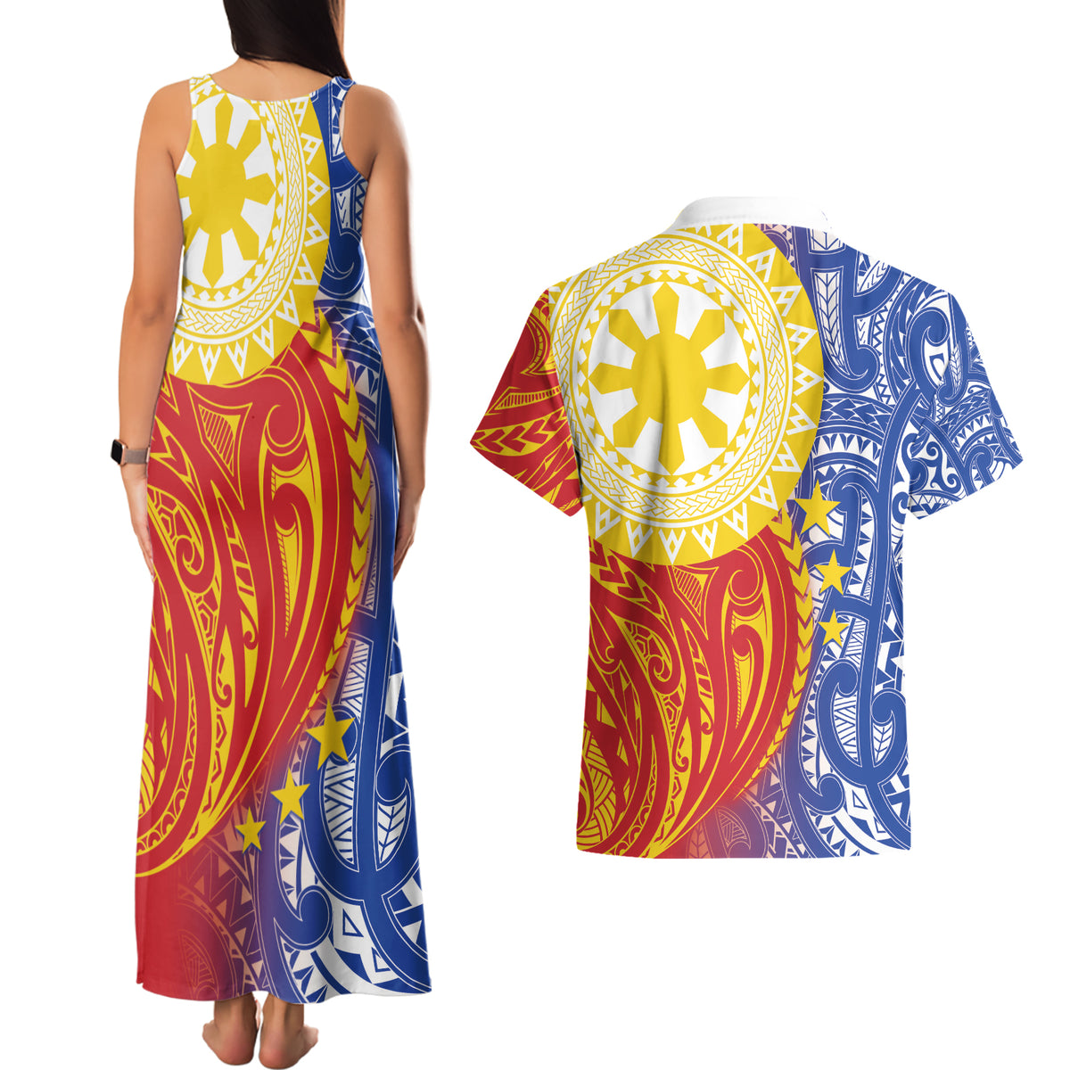 Philippines Couples Matching Tank Maxi Dress and Hawaiian Shirt Pilipinas Polynesian Pattern