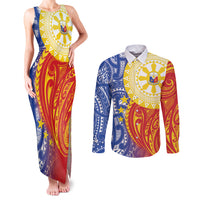Philippines Couples Matching Tank Maxi Dress and Long Sleeve Button Shirt Pilipinas Polynesian Pattern