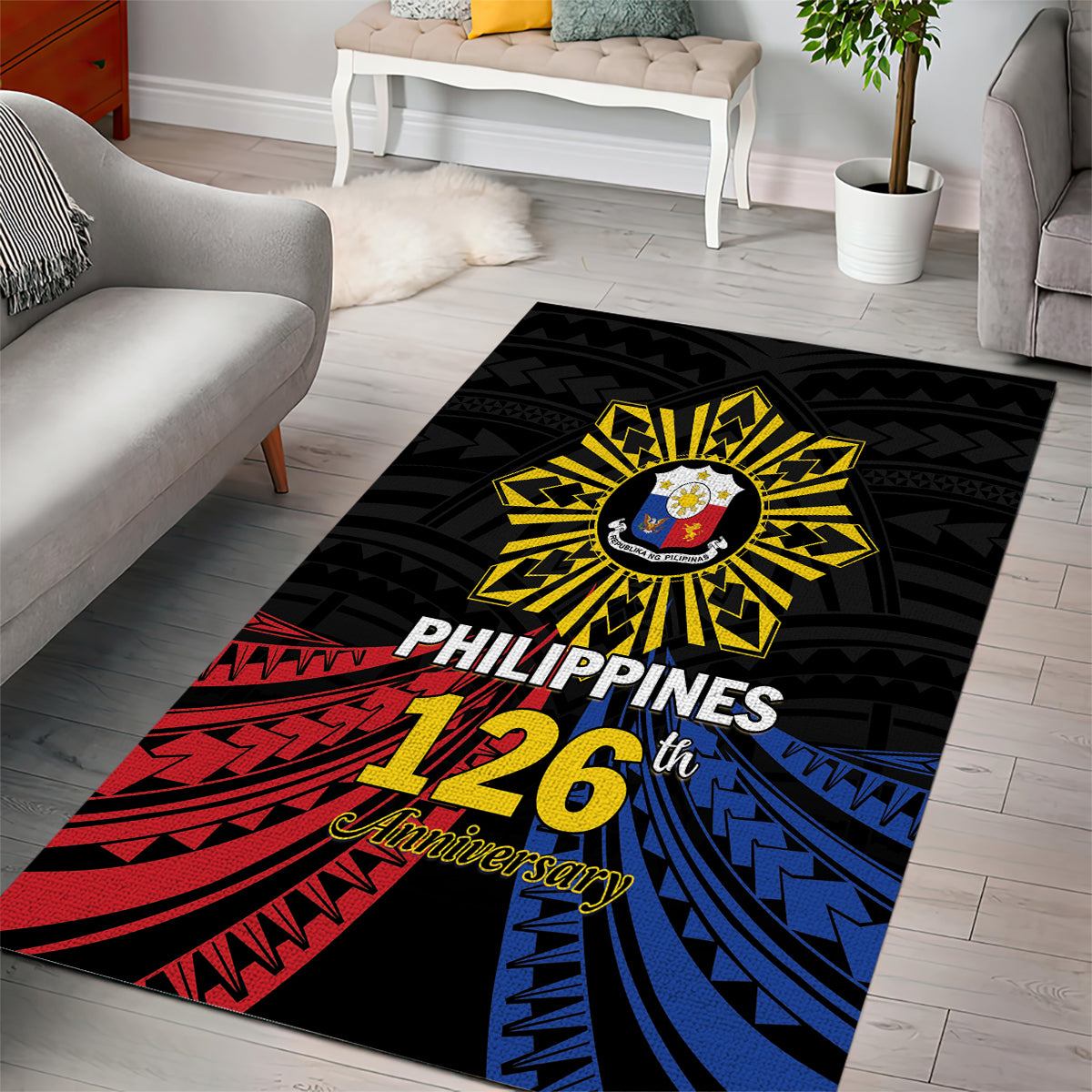 Philippines Independence Day Area Rug Filipino 126th Anniversary Sun Tattoo