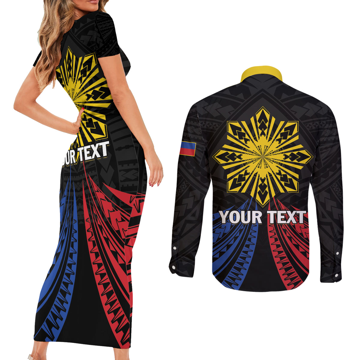 Personalized Philippines Independence Day Couples Matching Short Sleeve Bodycon Dress and Long Sleeve Button Shirt Filipino 126th Anniversary Sun Tattoo