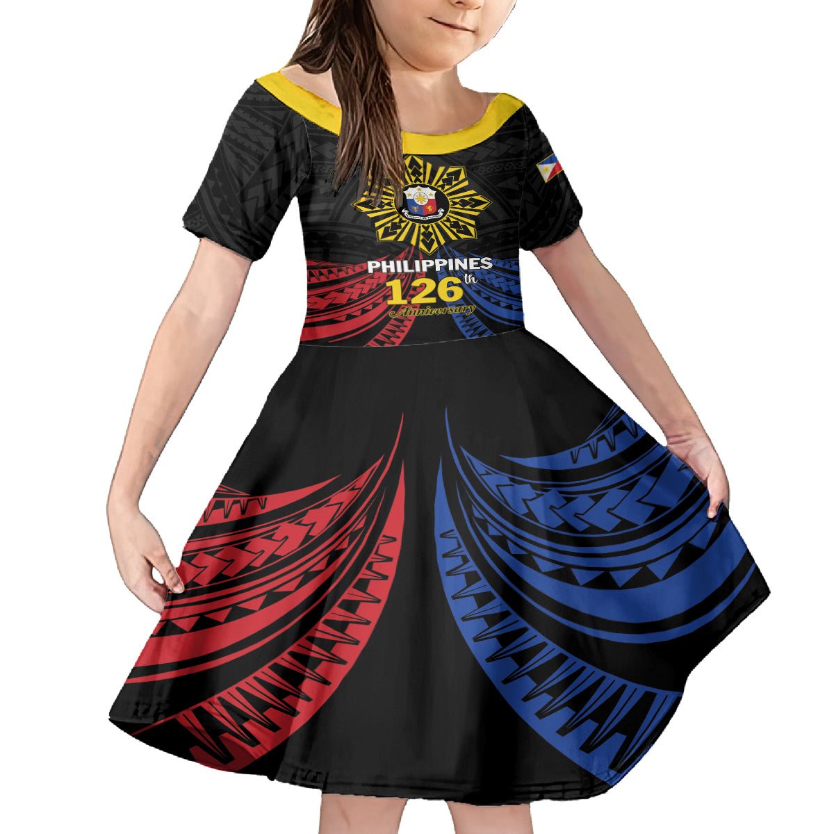Personalized Philippines Independence Day Kid Short Sleeve Dress Filipino 126th Anniversary Sun Tattoo