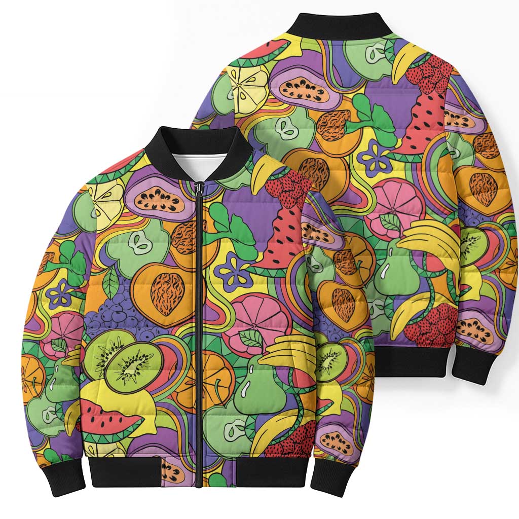 Hawaii Fruits Hippie Style Bomber Puffer Jacket Vibrant Colorful