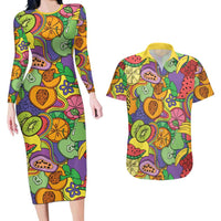 Hawaii Fruits Hippie Style Couples Matching Long Sleeve Bodycon Dress and Hawaiian Shirt Vibrant Colorful LT01 Multicolor - Polynesian Pride