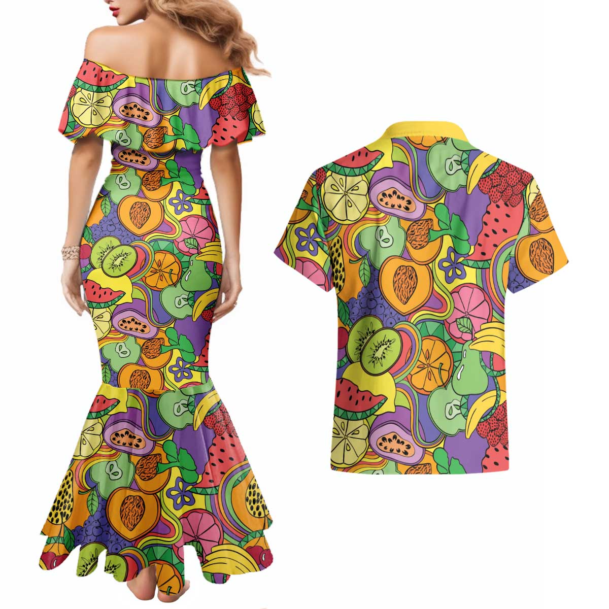 Hawaii Fruits Hippie Style Couples Matching Mermaid Dress and Hawaiian Shirt Vibrant Colorful LT01 - Polynesian Pride