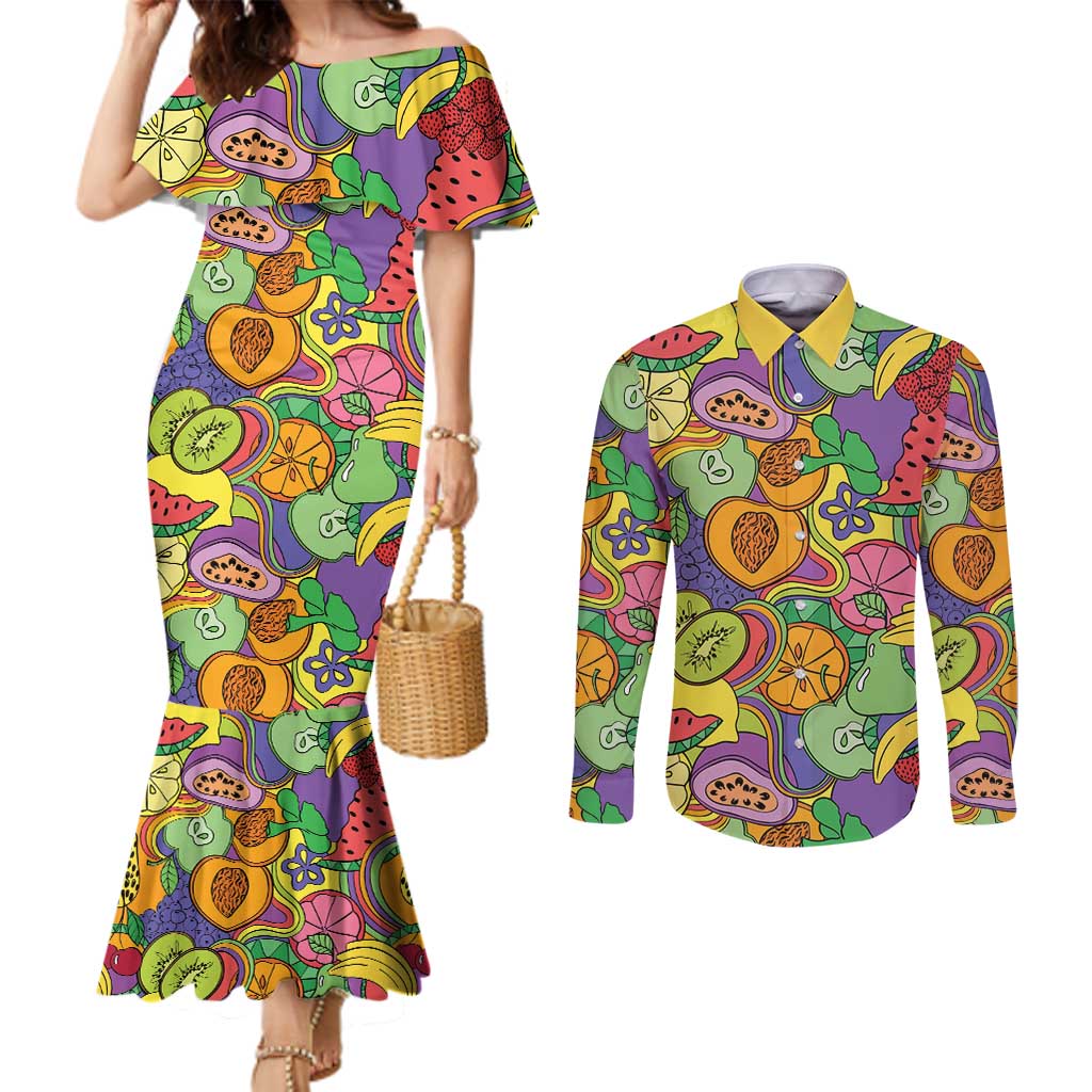 Hawaii Fruits Hippie Style Couples Matching Mermaid Dress and Long Sleeve Button Shirt Vibrant Colorful