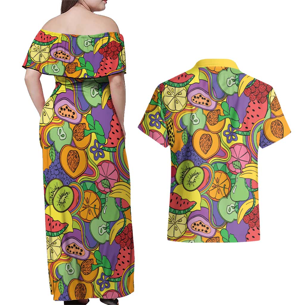 Hawaii Fruits Hippie Style Couples Matching Off Shoulder Maxi Dress and Hawaiian Shirt Vibrant Colorful