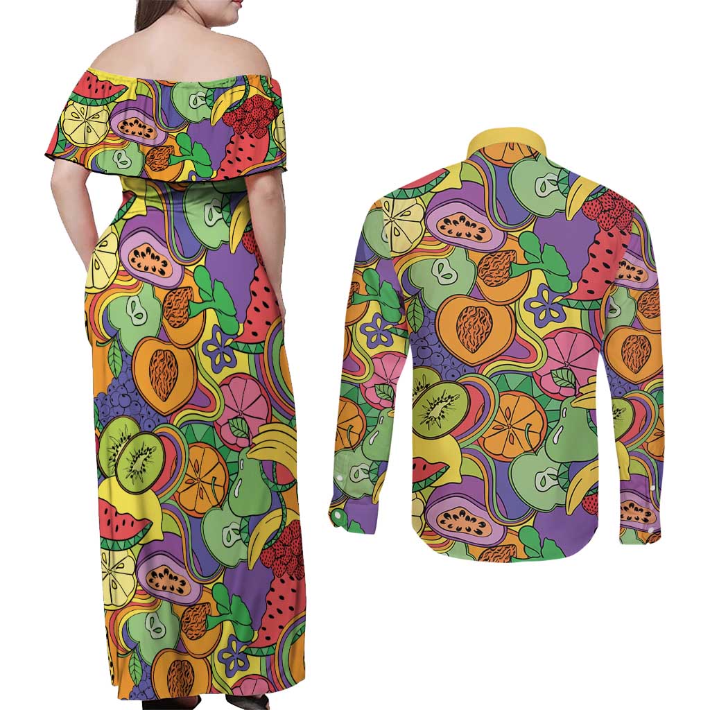 Hawaii Fruits Hippie Style Couples Matching Off Shoulder Maxi Dress and Long Sleeve Button Shirt Vibrant Colorful