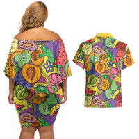 Hawaii Fruits Hippie Style Couples Matching Off Shoulder Short Dress and Hawaiian Shirt Vibrant Colorful