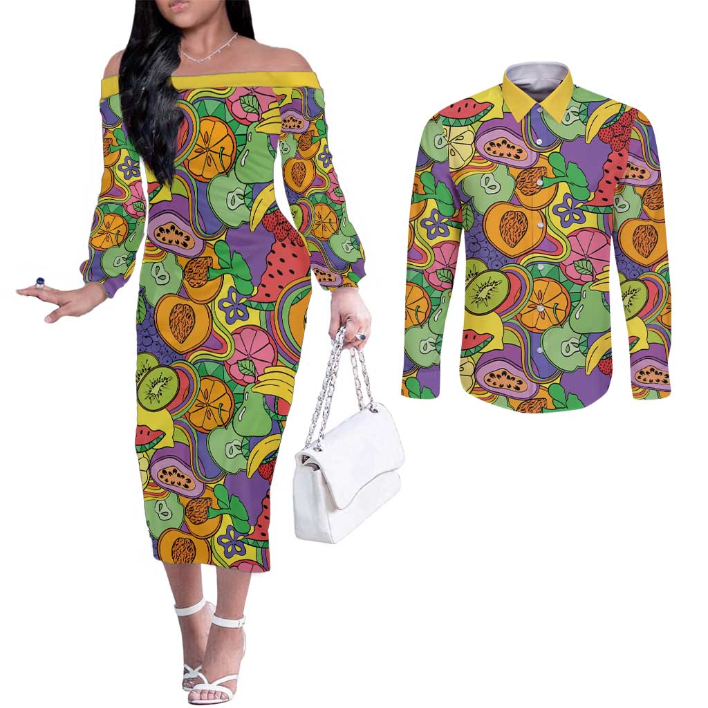 Hawaii Fruits Hippie Style Couples Matching Off The Shoulder Long Sleeve Dress and Long Sleeve Button Shirt Vibrant Colorful