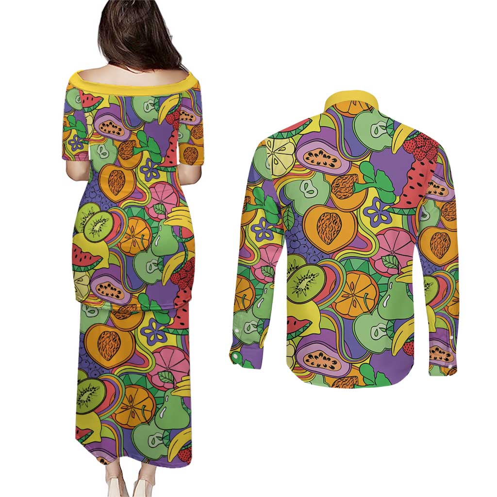 Hawaii Fruits Hippie Style Couples Matching Puletasi and Long Sleeve Button Shirt Vibrant Colorful