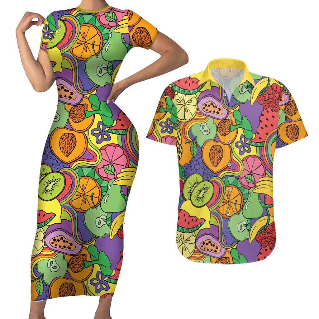 Hawaii Fruits Hippie Style Couples Matching Short Sleeve Bodycon Dress and Hawaiian Shirt Vibrant Colorful